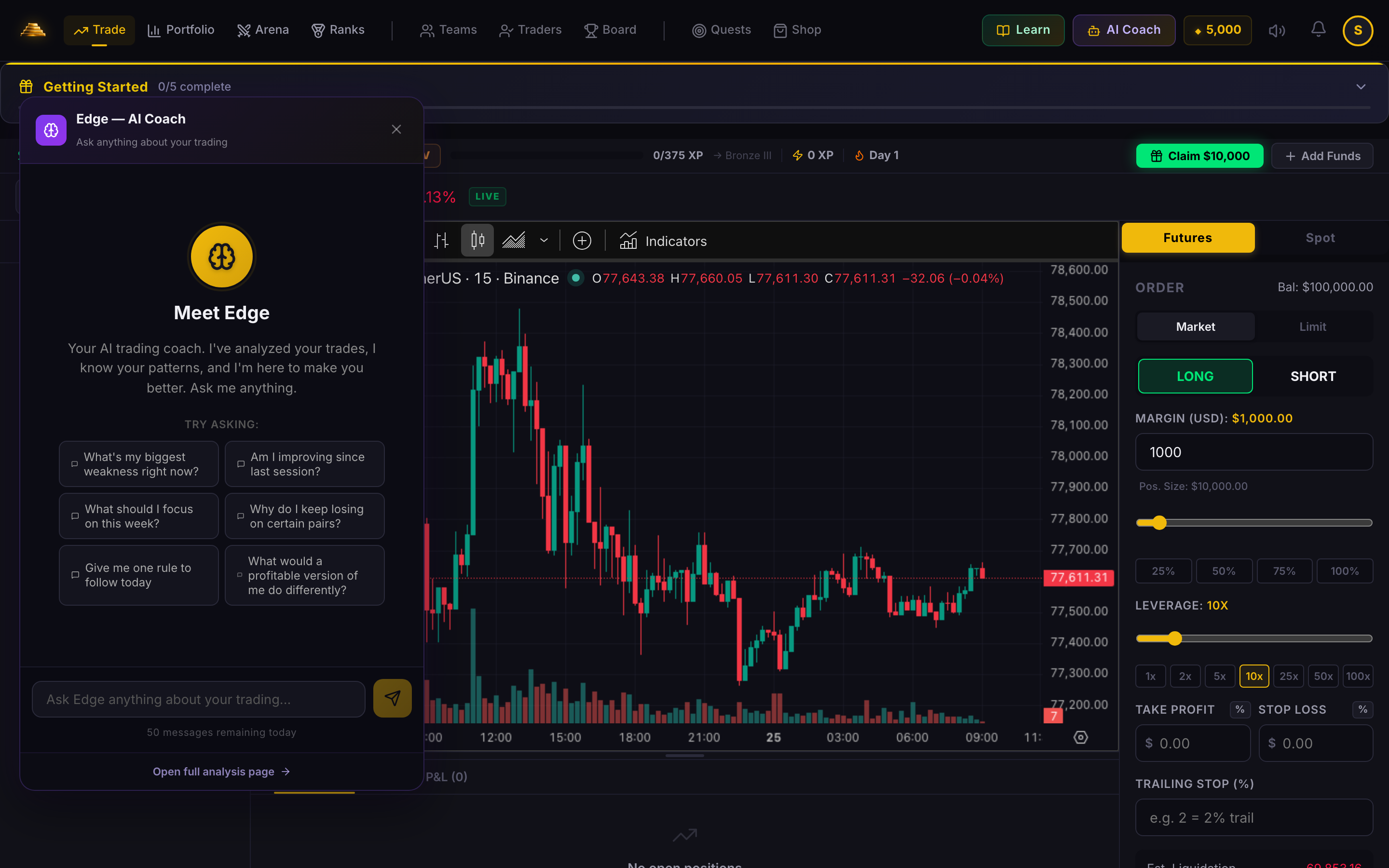 Stacked AI Coach (Edge) panel with personalized trading insights